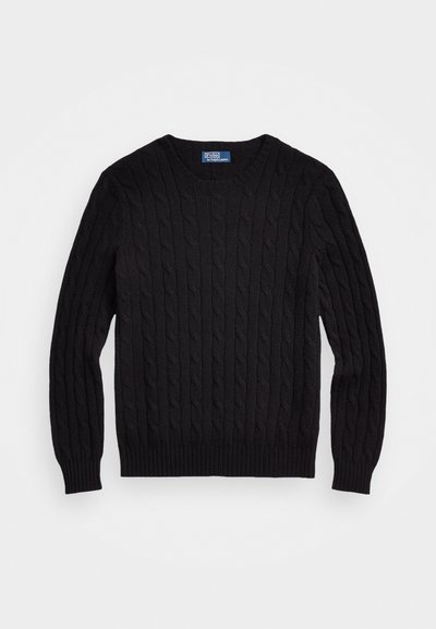 Μαύρος πουλόβερ με πλέξη κασμίρ, διαθέτει στρογγυλή λαιμόκοψη, μακριά μανίκια και ραβδωτές μανσέτες και στρίφωμα. Κατασκευασμένο από υφασμάτινη υφή.