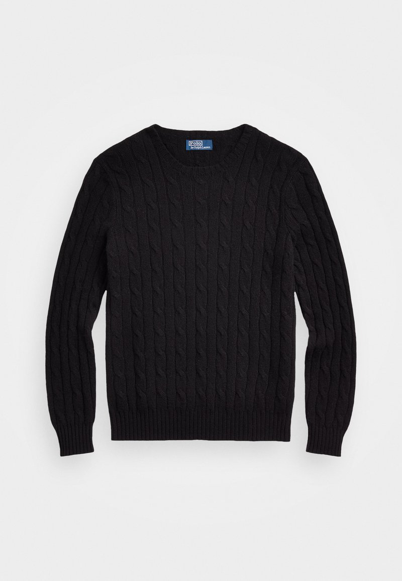 Sort kabelstrikket sweater med rund halsudskæring, lange ærmer og ribbede manchetter og kant. Lavet af struktureret stof.