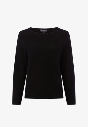 Schwarzer Langarmpullover mit Rundhalsausschnitt, aus weichem Strickstoff gefertigt, mit subtiler Struktur und lockerem Sitz. Größentag sichtbar.