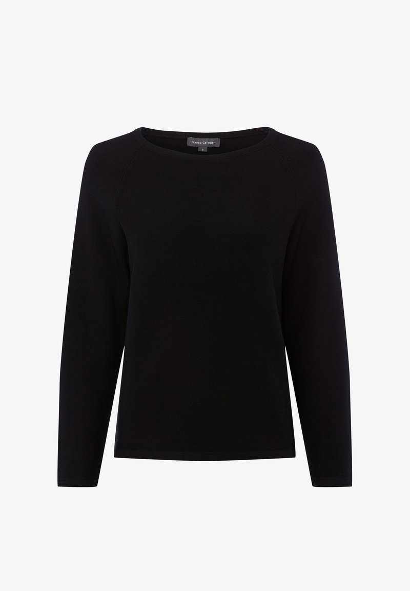 Schwarzer Langarmpullover mit Rundhalsausschnitt, aus weichem Strickstoff gefertigt, mit subtiler Struktur und lockerem Sitz. Größentag sichtbar.