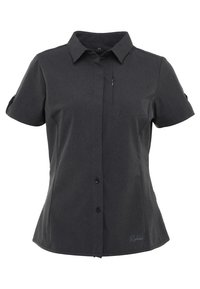 Chemise noire pour femme à manches courtes avec col, poche poitrine zippée et taille cintrée.