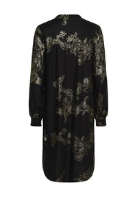 Crna midi haljina dugih rukava s zlatnim cvjetnim i paisley uzorcima, s elastinim manžetama i zaobljenim rubom, prikazana s leđa.