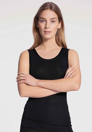 Zwarte mouwloze top van zacht, rekbaar materiaal. Ronde halslijn en aansluitend ontwerp, met een gladde textuur en zonder zichtbare versieringen.