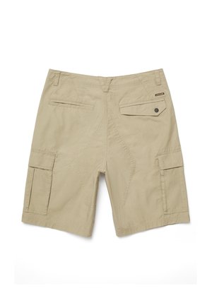 Beige cargo shorts with multiple pockets, including a buttoned flap pocket and a small brand label on the back right side.