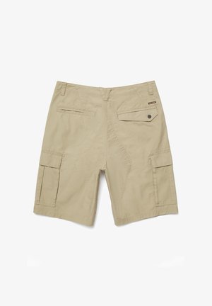 Beige cargo shorts with multiple pockets, including a buttoned flap pocket and a small brand label on the back right side.