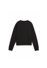 Sudadera negra corta con cuello redondo, puños y dobladillo acanalados. Textura suave con mangas raglán. Sin logotipos ni patrones visibles.