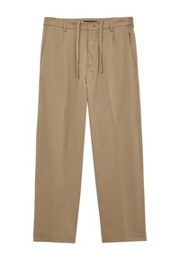 Pantaloni beige a vestibilità ampia realizzati in un tessuto liscio. Presentano una chiusura con bottone, un cordoncino regolabile e tasche laterali. Design a gamba dritta.
