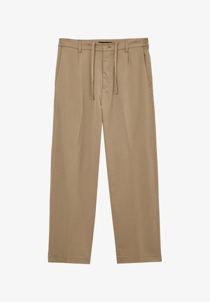 Pantaloni beige a vestibilità ampia realizzati in un tessuto liscio. Presentano una chiusura con bottone, un cordoncino regolabile e tasche laterali. Design a gamba dritta.