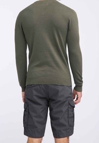 Mann, der einen olivgrünen Langarmpullover und dunkelgraue Cargo-Shorts trägt, steht mit dem Rücken zu einem einfarbigen Hintergrund.