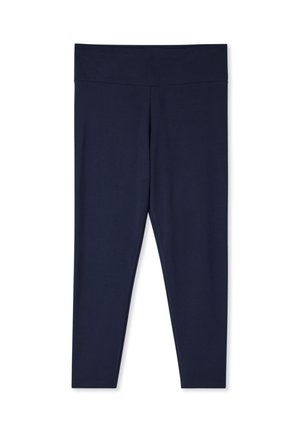 Granatowe legginsy sięgające do kostek z wysokim stanem, gładką teksturą i bez widocznych wzorów lub logo.