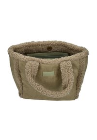 Beiger Tragetasche mit Kunstfellbesatz, weicher Textur und einem einzigen Druckknopfverschluss; verfügt über kurze Griffe und eine Innentasche mit Reißverschluss.