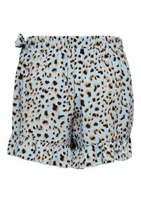 Šortky s leopardím potiskem ve světle modré látce, s elastickým pasem, volánkovým lemem a černými a hnědými skvrnami.