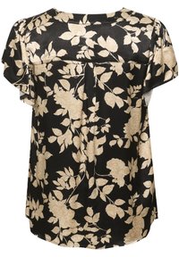 Mustapaita, jossa on lyhyet liehuvat hihat, beige kukkakuosi, sileä rakenne, rento istuvuus ja takana laskosyksityiskohta.