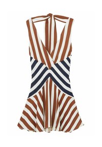 Vestido a rayas en colores marrón, blanco y azul marino. Escote en V profundo con lazada al cuello, falda acampanada y patrón de chevron angular. Tejido ligero.