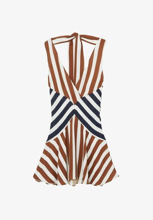 Stribet kjole i brune, hvide og marineblå farver. Dyb V-hals med halterneck, flared nederdel og vinkelret chevronmønster. Letvægtsstof.