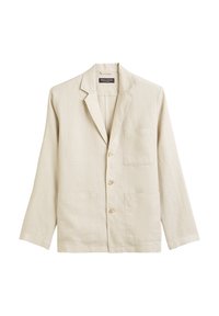 Hellbeige Leinenjacke mit Reverskragen, vier Knöpfen, zwei Fronttaschen und einer Brusttasche. Glatte Textur mit lockerer Passform.