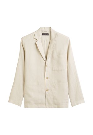 Hellbeige Leinenjacke mit Reverskragen, vier Knöpfen, zwei Fronttaschen und einer Brusttasche. Glatte Textur mit lockerer Passform.