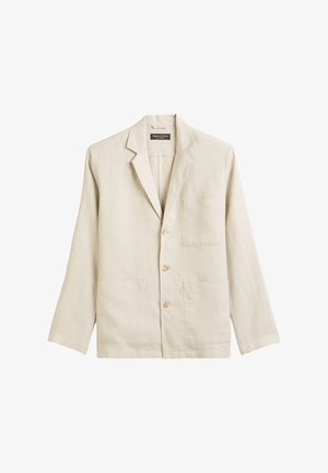 Lichtbeige linnen jasje met een notch lapel, vier knopen, twee voorzakken en een enkele borstzak. Glad textuur met een ontspannen pasvorm.
