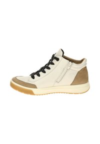 High-top sneaker with a white leather upper, beige suede accents, black laces, and a side zipper. Gum rubber sole for traction.