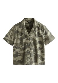 Camicia a maniche corte con bottoni, in fantasia mimetica verde e beige. Realizzata in tessuto morbido con colletto classico e orlo dritto.