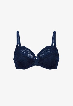 Granatowy koronkowy biustonosz z regulowanymi ramiączkami, wsparciem z fiszbinami, falbaniastymi krawędziami oraz małą kokardką na środku przodu.