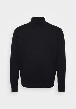 Suéter negro de cuello alto hecho de un material de punto suave, que presenta mangas largas y un diseño ajustado con un cuello alto.