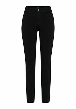 Zwarte slim-fit jeans met front pockets, riemlussen en een knoopsluiting bij de taille.