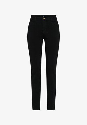 Black slim-fit jeans with front pockets, belt loops, and a button closure at the waist.