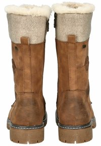 Bottes en cuir marron jusqu'au genou avec un revers en feutre gris et une bordure en fausse fourrure. Présentent une fermeture éclair sur le côté et des boutons décoratifs sur le côté. Semelle texturée.