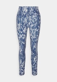 Blå och vit mönstrade leggings med en slimmad, åtsittande design och hög midja, tillverkade av ett elastiskt, lättviktigt tyg.