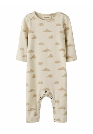 Grenouillère pour enfants en ribbed beige avec des motifs de nuages, manches longues et fermetures à pression en bas pour un habillage facile.