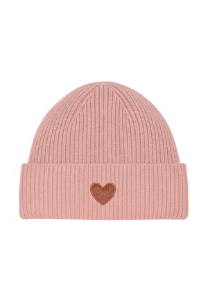 Pink knitted beanie with a ribbed texture, featuring a brown heart patch on the front and a folded cuff at the base.