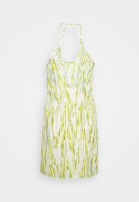 Halterneckklänning i vitt med ett djärvt grönt och blått abstrakt mönster. Har en djup halsringning och en figurnära passform. Slät textur.