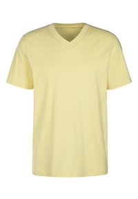 Gelbes Baumwoll-T-Shirt mit V-Ausschnitt, kurzen Ärmeln und lockerer Passform. Sanfte Textur und schlichtes Design, geeignet für lässige Kleidung.