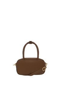 Brown rectangular leather handbag with double handles and adjustable shoulder strap with gold buckle and zipper.