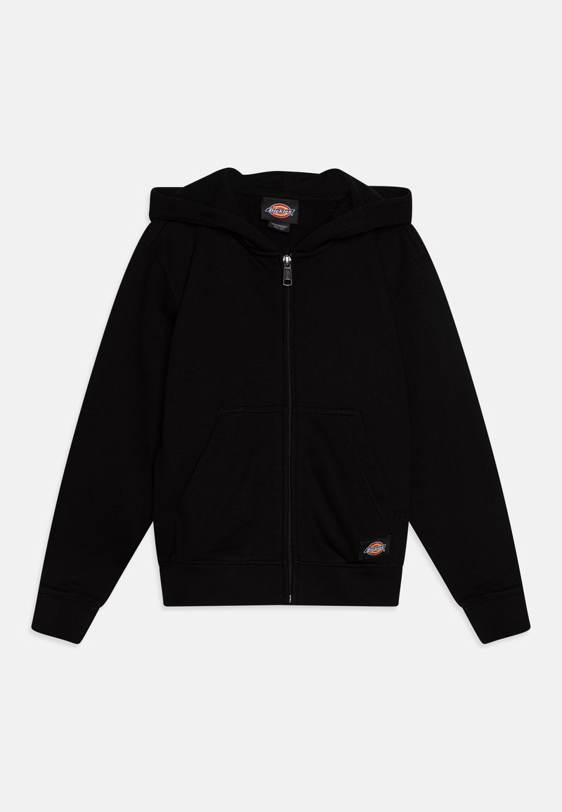 Moleton preto com fecho éclair feito de tecido suave, com capuz, bolsos frontais, punhos canelados e um pequeno logo na frente.
