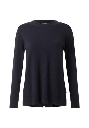 Mørkeblå sweater med lange ærmer, rund hals og ribstrikkede manchetter og kant, vist mod en hvid baggrund.