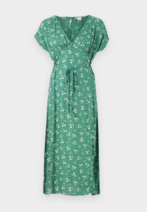 Grøn blomstret maxi kjole med korte ærmer, V-udskæring, bindebånd i taljen og letvægtsstof med spredte hvide blomster.