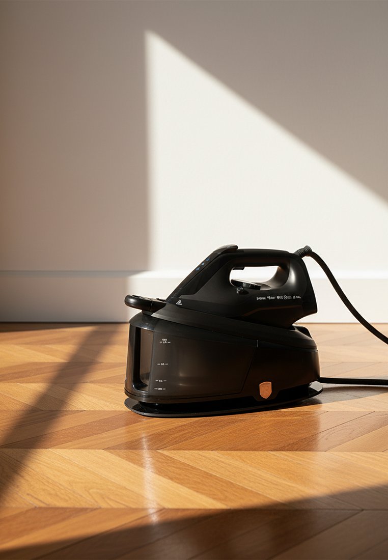 Černá bezdrátová napařovací žehlička s nádržkou na vodu na světlé dřevěné parketové podlaze, sluneční světlo vrhá ostré stíny na blízkou zeď.