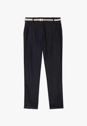 Pantaloni in lino di un blu scuro, caratterizzati da una cintura intrecciata beige con fibbia dorata. Vestibilità sartoriale con gamba dritta e finitura pulita.