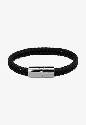 Bracelet en cuir tressé noir avec un fermoir cylindrique lisse en métal argenté. Le design est épuré et minimaliste, mettant l'accent sur la texture.