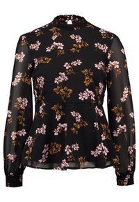 Schwarze Bluse mit langen Ärmeln und floralem Muster in Pink und Braun, mit einem plissierten hohen Kragen und gerafften Bündchen für eine Peplum-Silhouette.