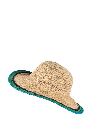 Hut aus Stroh mit breiter Krempe und natürlichem Gewebe, mit einem mehrfarbigen Band in Blau, Grün und Marineblau am Rand.