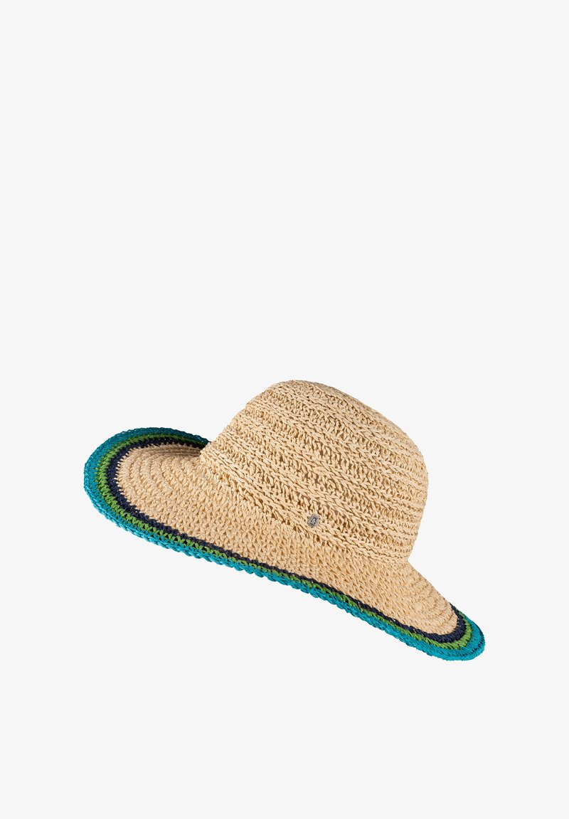 Wide-brim straw hat with a natural woven texture, featuring a multi-colored band in blue, green, and navy at the edge.
