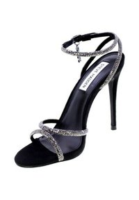 Sandal a tacco alto in suede nero con doppie cinghie alla caviglia decorate con cristalli e un elegante design open toe.