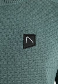 Pleteni pulover v umirjeni zeleni barvi z teksturno vzorcem. Ima črn kvadratni pečat z belo emblemo na levi strani.