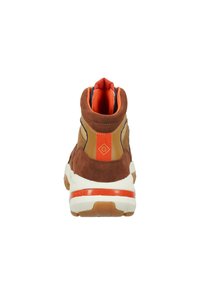 Brown suede high-top sneaker with orange accents, featuring a padded collar and white sole, designed for comfort and support.