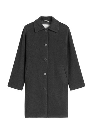 Manteau long en laine gris foncé avec un large col, fermeture à boutons sur le devant et poches latérales angulaires.