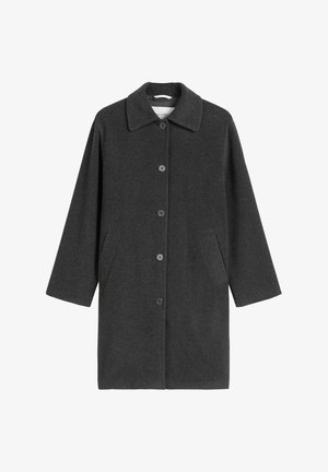 Tumehall pikk villa mantel laia kraega, esiosas nupuvajutusega ja diagonaalsete küljetaskutega.