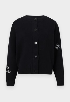 Czarny dziany kardigan z okrągłym dekoltem, z zapięciem na guziki, prążkowymi mankietami i dekoracyjnymi zdobieniami na rękawach.